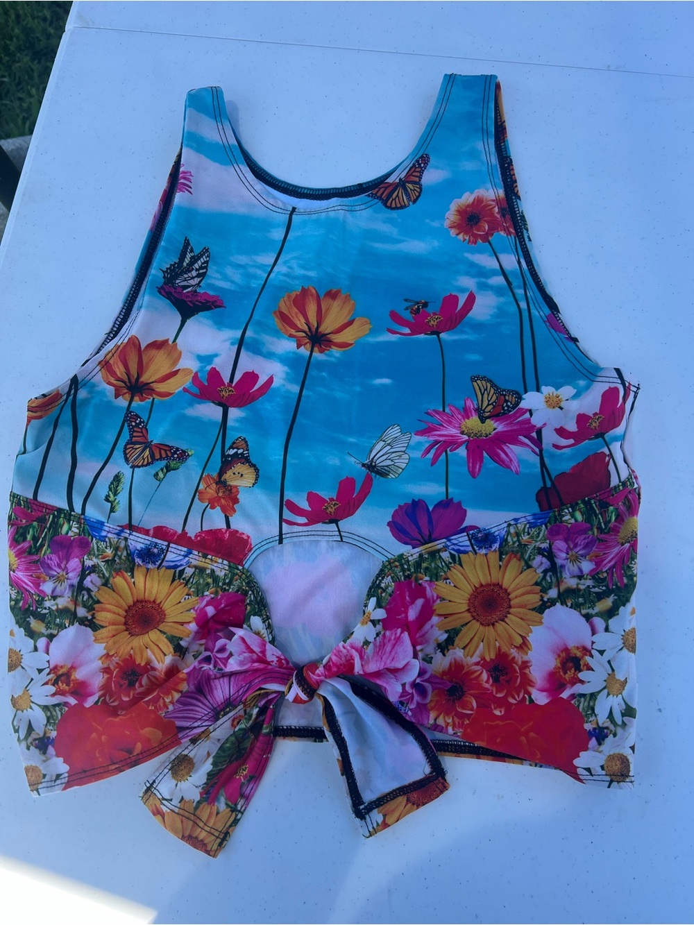 Yoga Democracy Blue Floral Tie-Front Crop Top